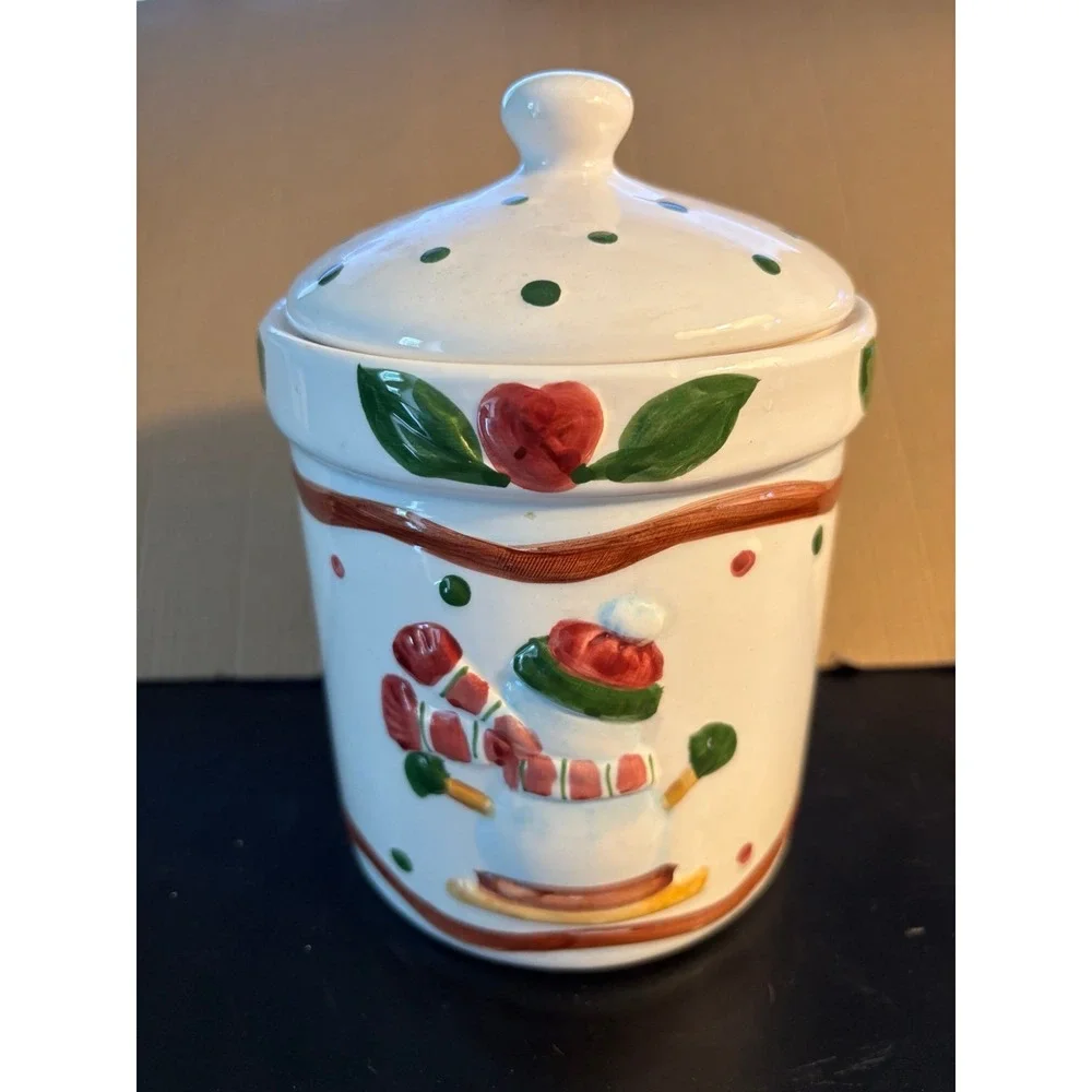 Heritage Pottery Christmas Snowman Cookie Treat Candy Jar w Lid Holiday